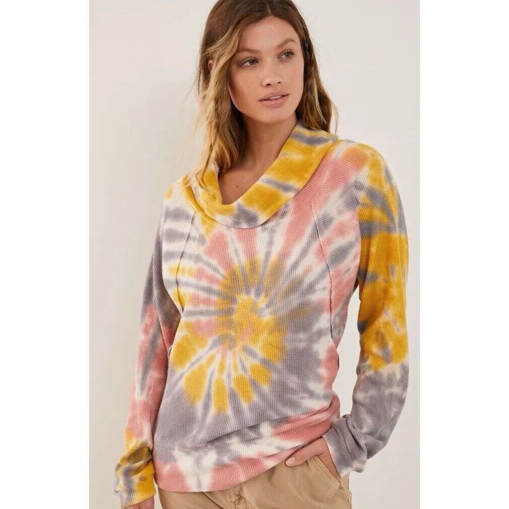 NWT Anthropologie Pilcro Angie Mock Neck Waffle Thermal Tie Dye Shirt Sz M $88